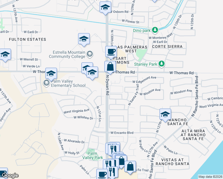 map of restaurants, bars, coffee shops, grocery stores, and more near 2635 North Dysart Road in Avondale