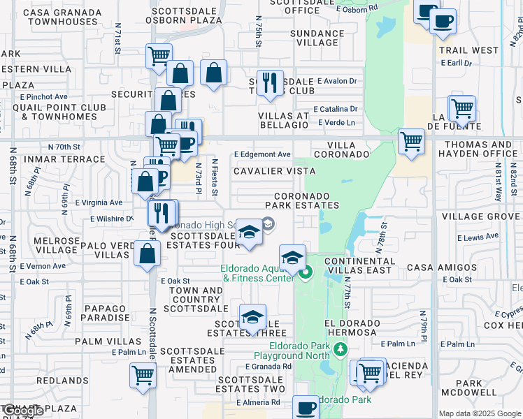 map of restaurants, bars, coffee shops, grocery stores, and more near 7501 East Virginia Avenue in Scottsdale