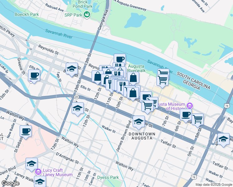 map of restaurants, bars, coffee shops, grocery stores, and more near 1026 Broad Street in Augusta