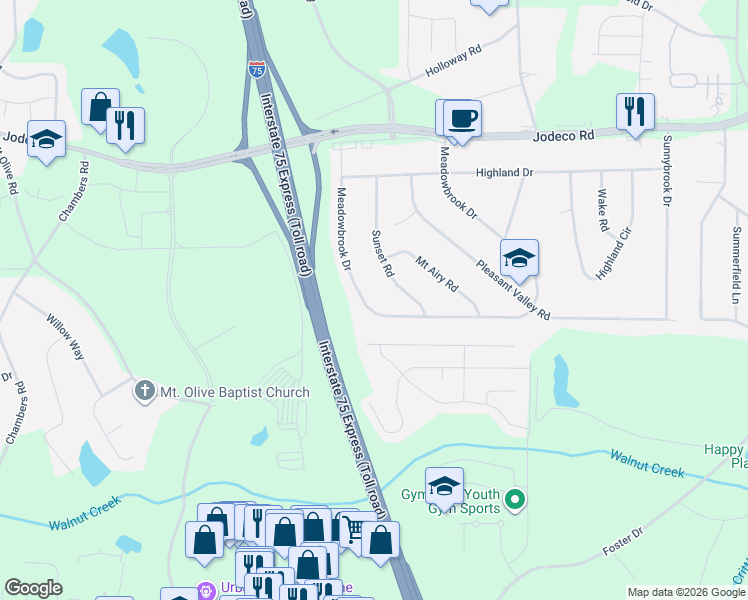 map of restaurants, bars, coffee shops, grocery stores, and more near 165 Meadowbrook Drive in McDonough