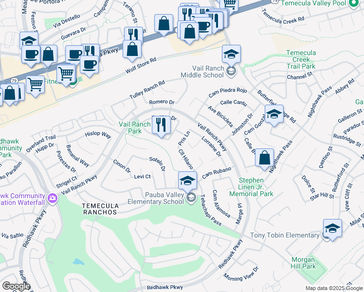 map of restaurants, bars, coffee shops, grocery stores, and more near 44686 Calle Hilario in Temecula