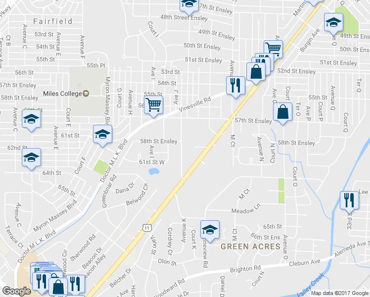 map of restaurants, bars, coffee shops, grocery stores, and more near 5901 Monte Sano Road in Birmingham