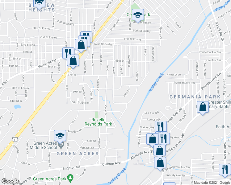 map of restaurants, bars, coffee shops, grocery stores, and more near 5809 Avenue P in Birmingham