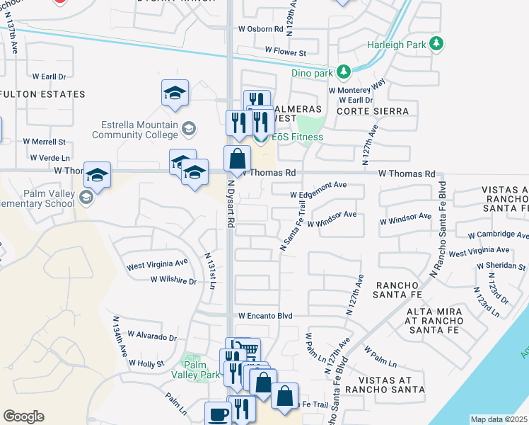 map of restaurants, bars, coffee shops, grocery stores, and more near 2635 North Dysart Road in Avondale