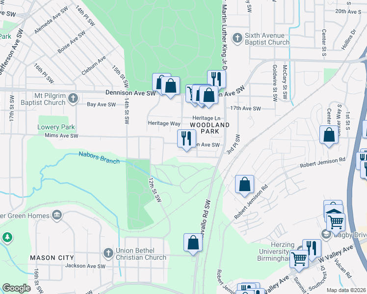 map of restaurants, bars, coffee shops, grocery stores, and more near 909 Mason Avenue Southwest in Birmingham