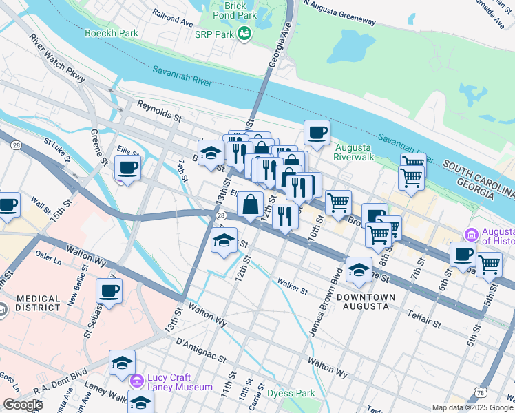 map of restaurants, bars, coffee shops, grocery stores, and more near 221 12th Street in Augusta