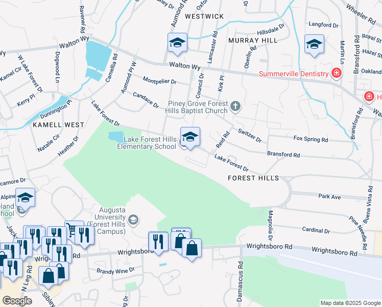 map of restaurants, bars, coffee shops, grocery stores, and more near 3140 Lake Forest Drive in Augusta