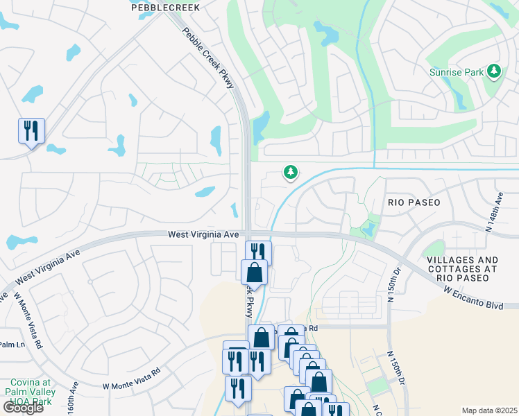 map of restaurants, bars, coffee shops, grocery stores, and more near 2655 Pebble Creek Parkway in Goodyear