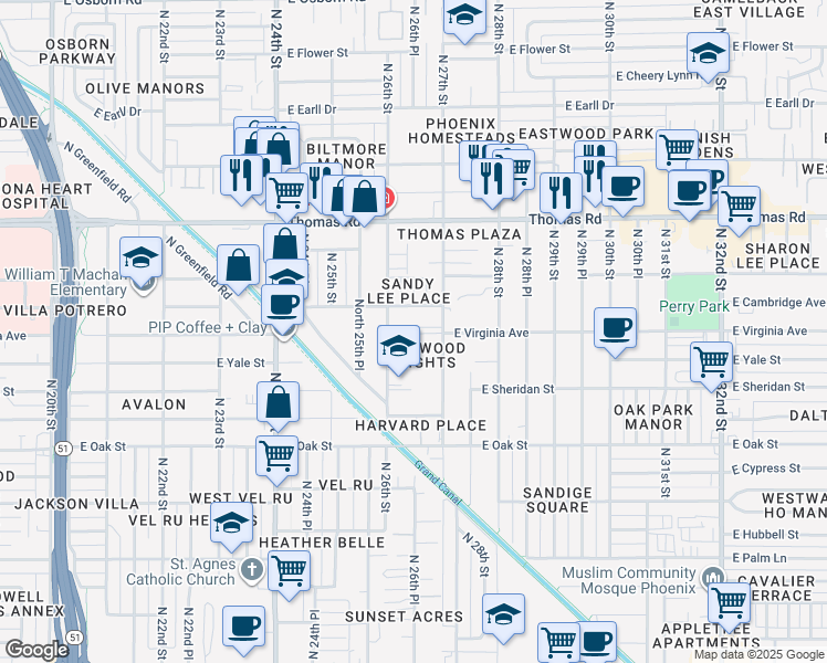 map of restaurants, bars, coffee shops, grocery stores, and more near 2604 North 27th Street in Phoenix