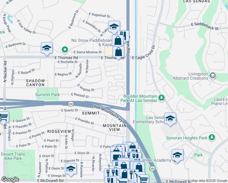 map of restaurants, bars, coffee shops, grocery stores, and more near 6664 East Virginia Street in Mesa