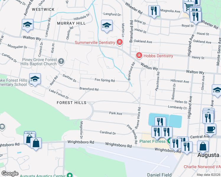 map of restaurants, bars, coffee shops, grocery stores, and more near 3021 Bransford Road in Augusta