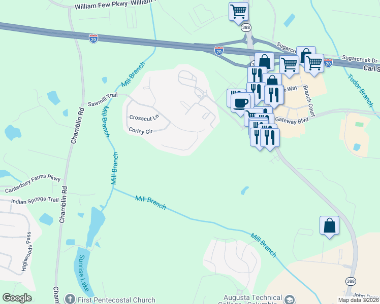map of restaurants, bars, coffee shops, grocery stores, and more near 411 Ripsaw Court in Grovetown