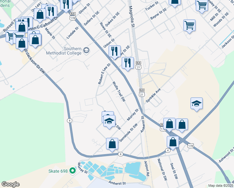 map of restaurants, bars, coffee shops, grocery stores, and more near 1146 Wolfe Trail Southwest in Orangeburg