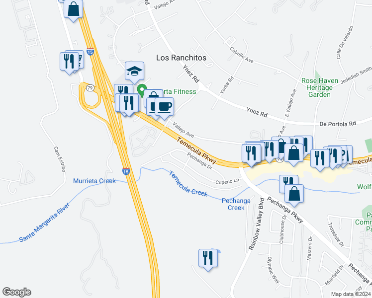 map of restaurants, bars, coffee shops, grocery stores, and more near 30200 Pechanga Drive in Temecula