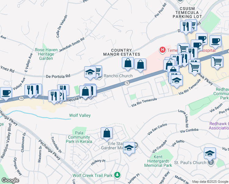 map of restaurants, bars, coffee shops, grocery stores, and more near 44742 Adam Lane in Temecula