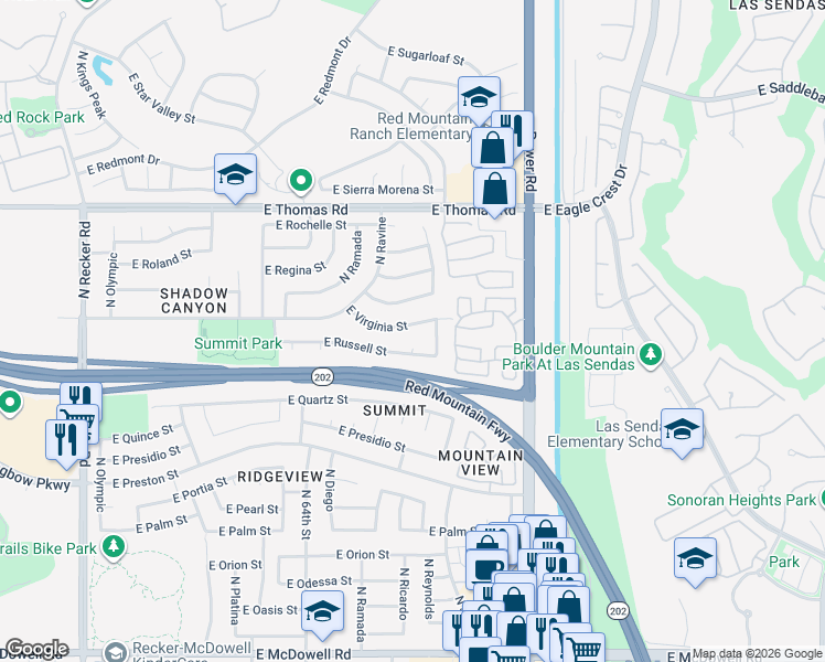map of restaurants, bars, coffee shops, grocery stores, and more near 6559 East Virginia Street in Mesa