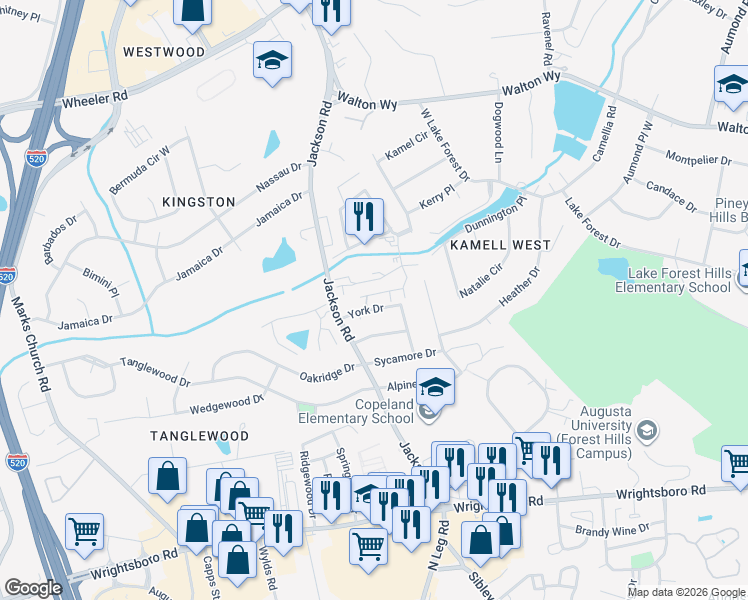 map of restaurants, bars, coffee shops, grocery stores, and more near 500 High Court Drive in Augusta