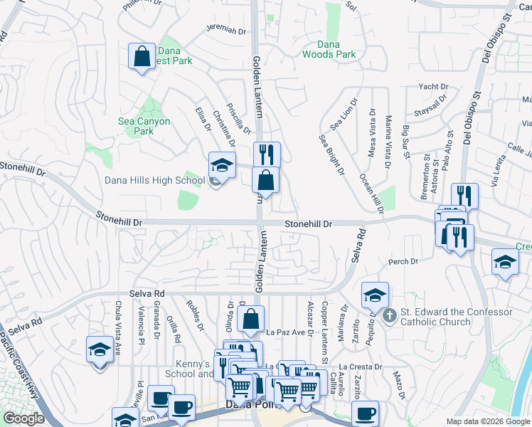 map of restaurants, bars, coffee shops, grocery stores, and more near 33451 Nottingham Way in Dana Point
