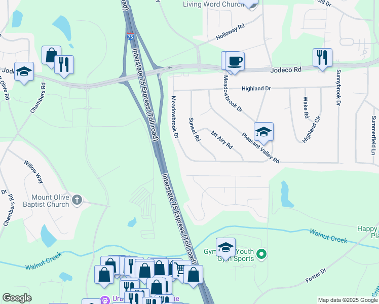 map of restaurants, bars, coffee shops, grocery stores, and more near 165 Meadowbrook Drive in McDonough