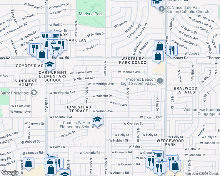 map of restaurants, bars, coffee shops, grocery stores, and more near 5457 West Cambridge Avenue in Phoenix