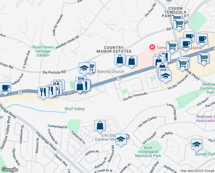map of restaurants, bars, coffee shops, grocery stores, and more near 44706 Adam Lane in Temecula