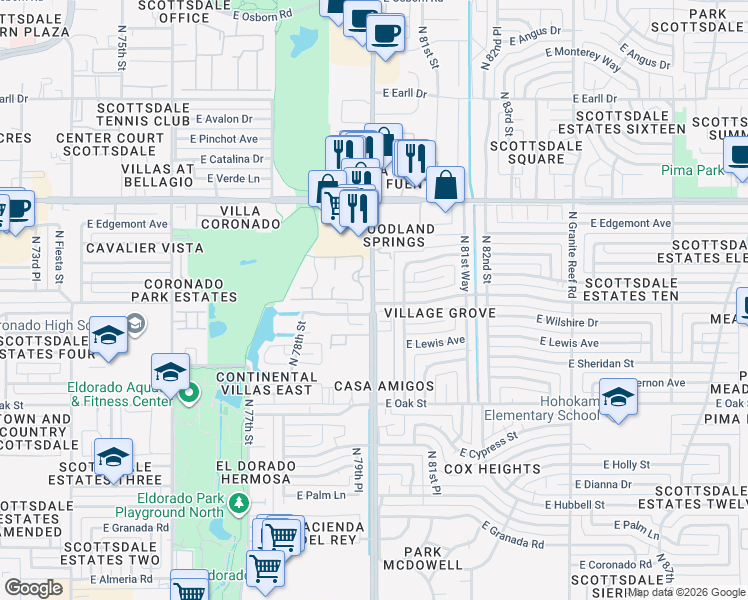map of restaurants, bars, coffee shops, grocery stores, and more near 2601 North Hayden Road in Scottsdale