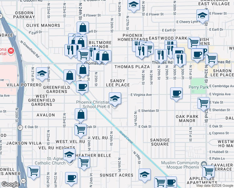 map of restaurants, bars, coffee shops, grocery stores, and more near 2604 North 27th Street in Phoenix