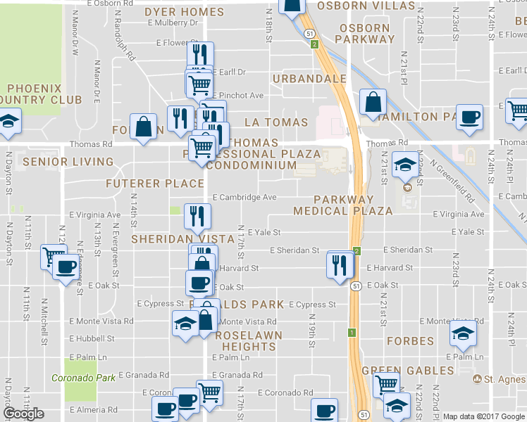 map of restaurants, bars, coffee shops, grocery stores, and more near 1736 East Virginia Avenue in Phoenix