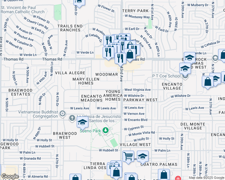 map of restaurants, bars, coffee shops, grocery stores, and more near 1036 Virginia Avenue in Phoenix