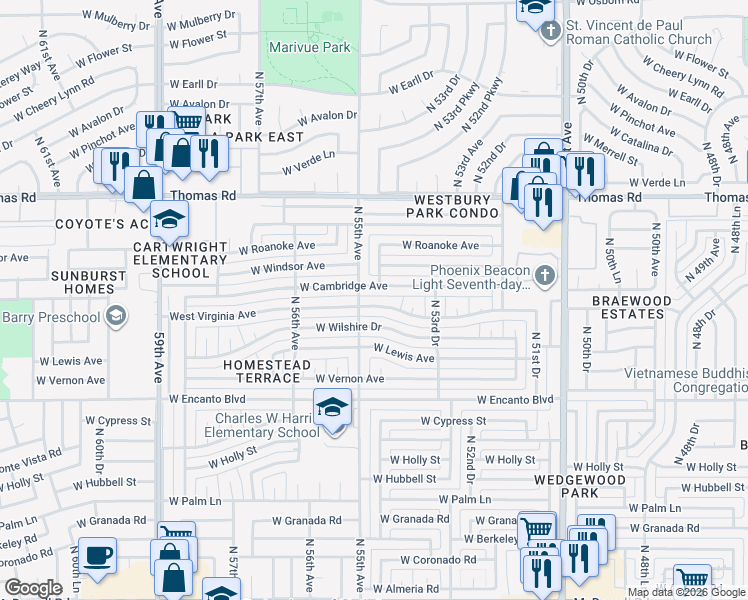 map of restaurants, bars, coffee shops, grocery stores, and more near 5457 West Cambridge Avenue in Phoenix
