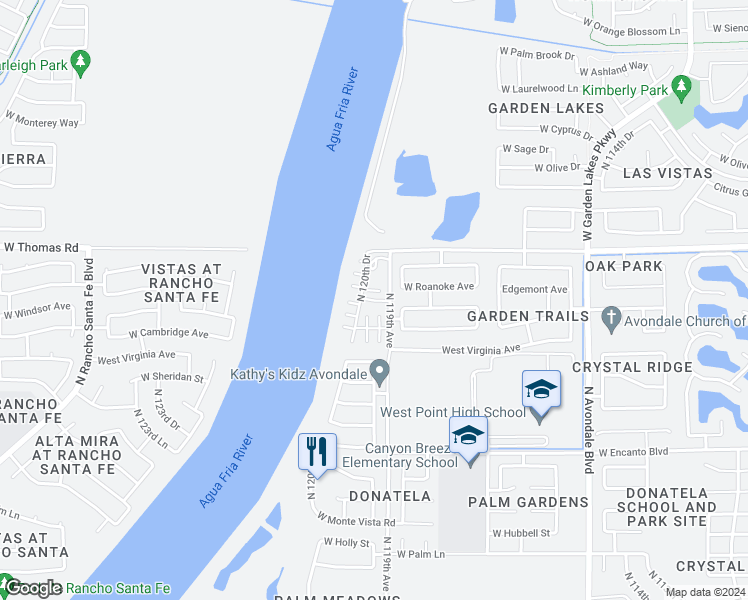map of restaurants, bars, coffee shops, grocery stores, and more near 2634 North 118th Lane in Avondale