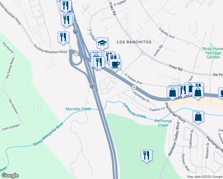 map of restaurants, bars, coffee shops, grocery stores, and more near 44580 La Paz Road in Temecula