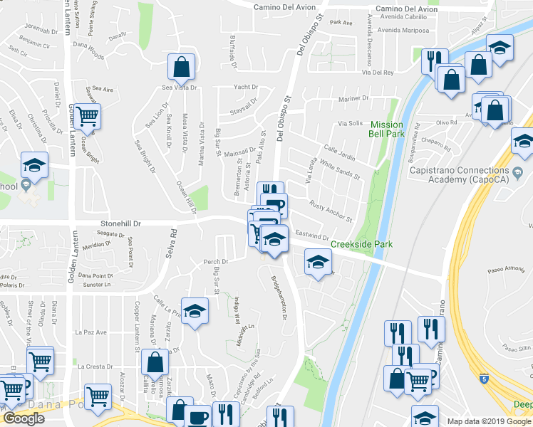 map of restaurants, bars, coffee shops, grocery stores, and more near in Dana Point