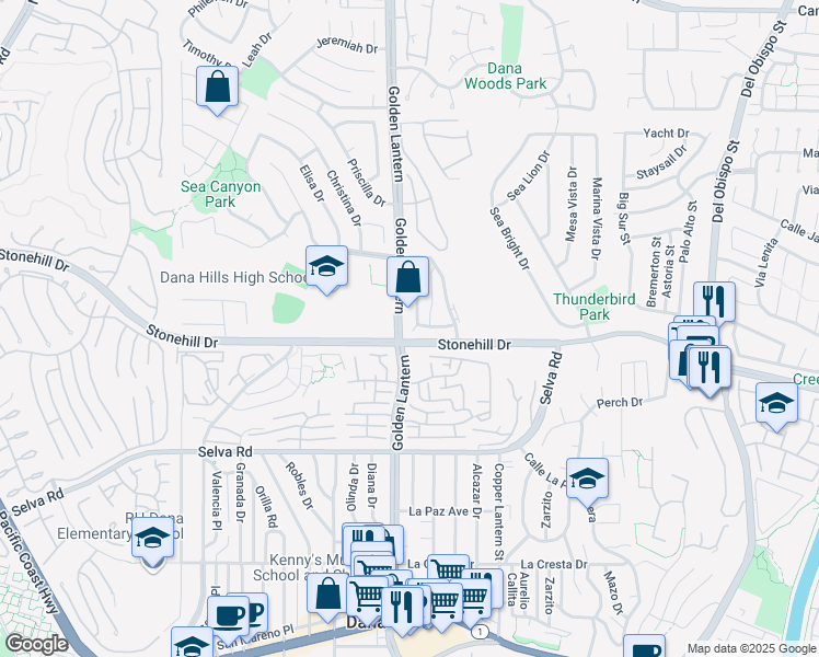 map of restaurants, bars, coffee shops, grocery stores, and more near 33441 Nottingham Way in Dana Point