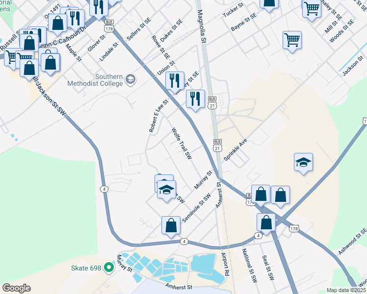 map of restaurants, bars, coffee shops, grocery stores, and more near 1146 Wolfe Trail Southwest in Orangeburg