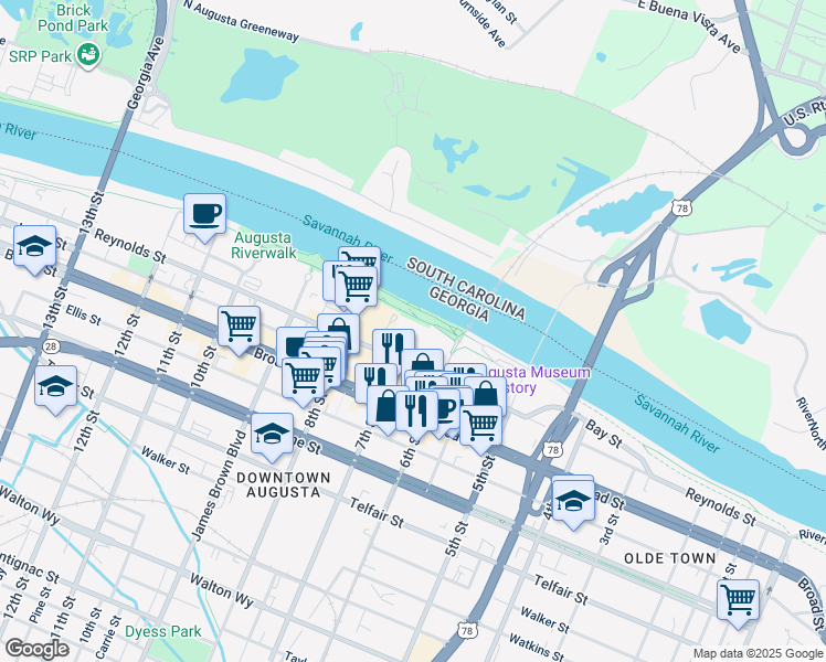 map of restaurants, bars, coffee shops, grocery stores, and more near 3 8th Street in Augusta