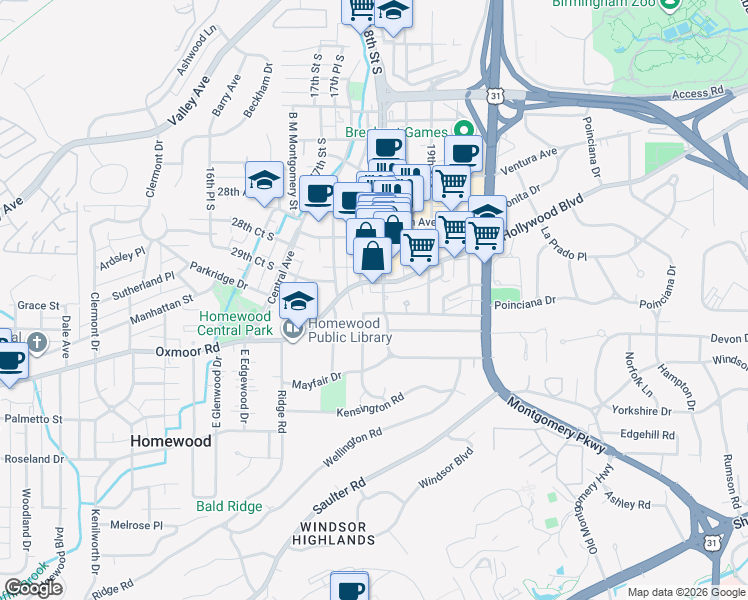 map of restaurants, bars, coffee shops, grocery stores, and more near 3003 Roxbury Road in Birmingham