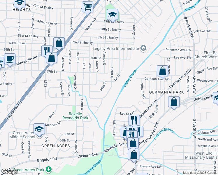 map of restaurants, bars, coffee shops, grocery stores, and more near 5813 Avenue Q in Birmingham