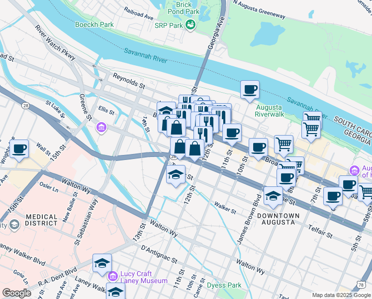 map of restaurants, bars, coffee shops, grocery stores, and more near 1235 Greene Street in Augusta