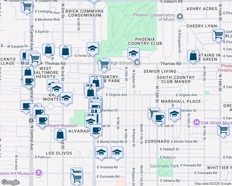 map of restaurants, bars, coffee shops, grocery stores, and more near 841 East Cambridge Avenue in Phoenix