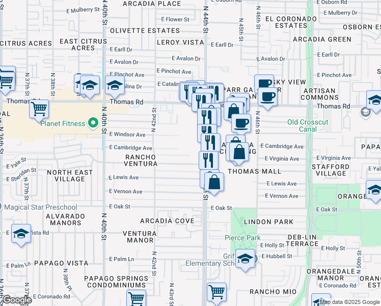 map of restaurants, bars, coffee shops, grocery stores, and more near 2600 North 44th Street in Phoenix