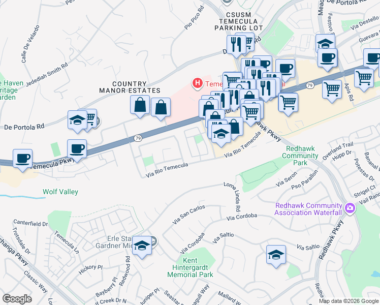 map of restaurants, bars, coffee shops, grocery stores, and more near 44681 Arbor Lane in Temecula