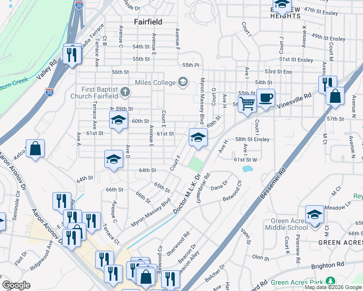 map of restaurants, bars, coffee shops, grocery stores, and more near 6121 Court F in Fairfield