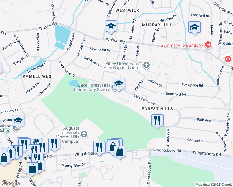 map of restaurants, bars, coffee shops, grocery stores, and more near 3140 Lake Forest Drive in Augusta