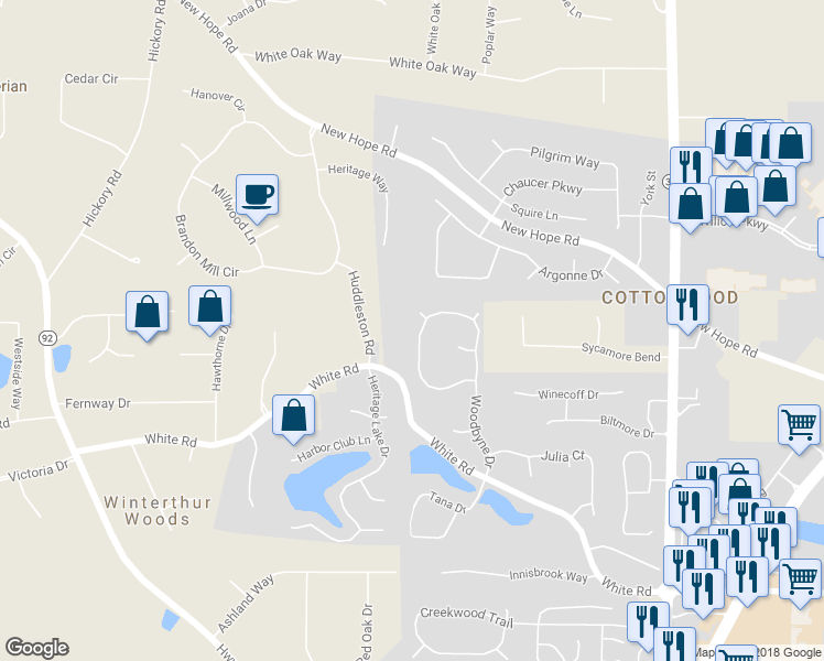 map of restaurants, bars, coffee shops, grocery stores, and more near 345 Woodbyne Drive in Fayetteville
