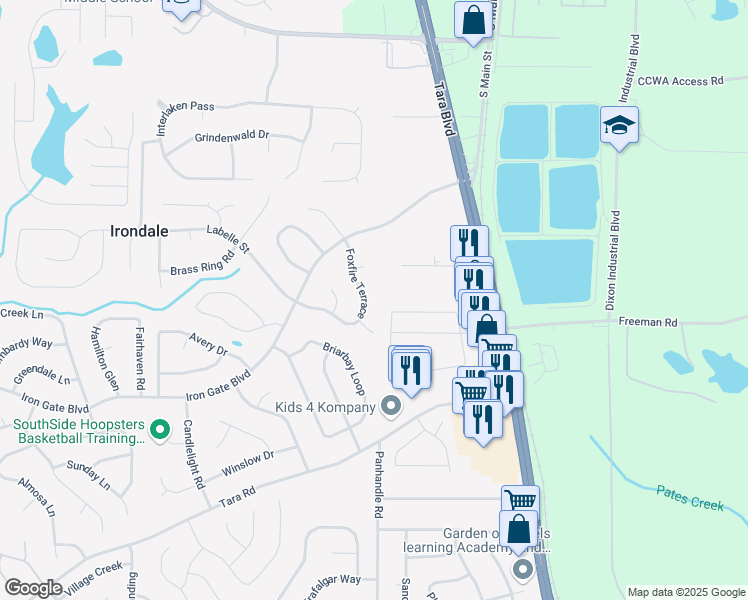 map of restaurants, bars, coffee shops, grocery stores, and more near 10202 Foxfire Terrace in Jonesboro