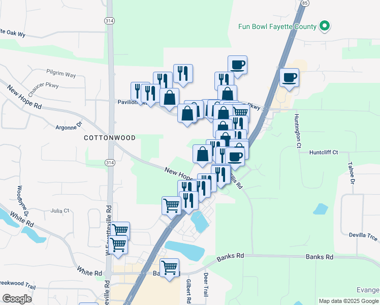 map of restaurants, bars, coffee shops, grocery stores, and more near 230 New Hope Place in Fayetteville