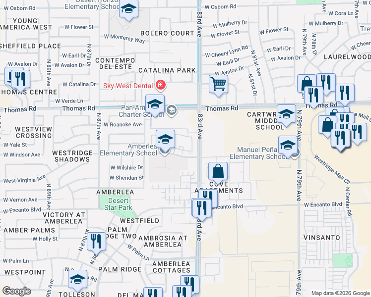 map of restaurants, bars, coffee shops, grocery stores, and more near 8400 West Virginia Avenue in Phoenix