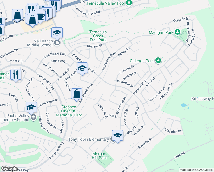 map of restaurants, bars, coffee shops, grocery stores, and more near 44699 Mumm Street in Temecula