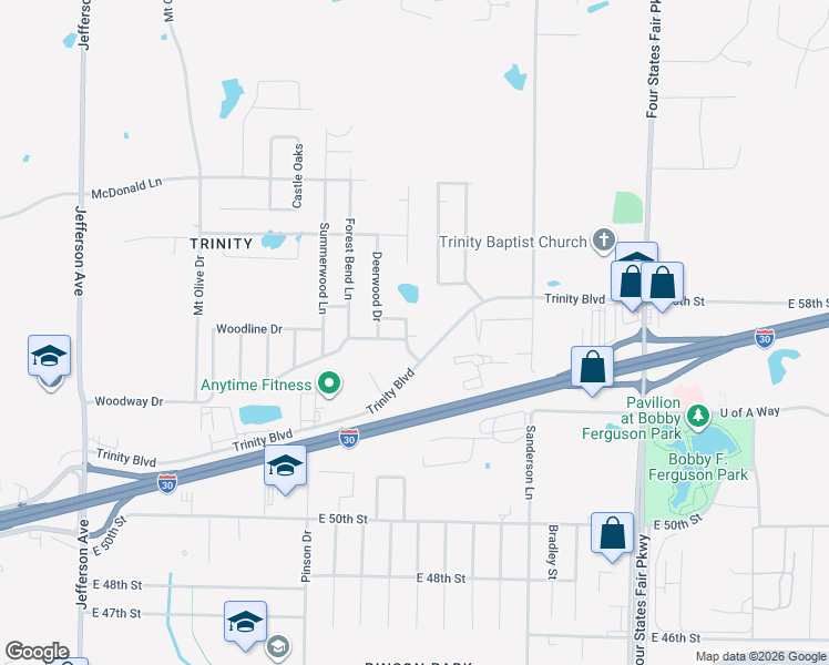 map of restaurants, bars, coffee shops, grocery stores, and more near 5604 Ramblewood Road in Texarkana